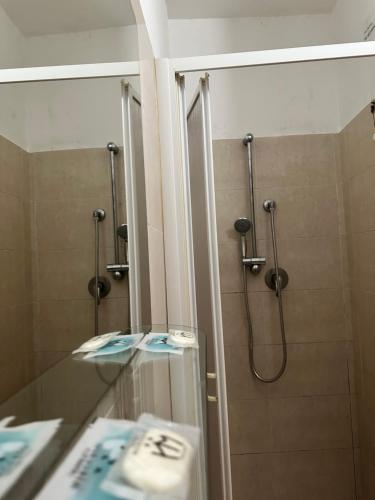 uma casa de banho com um chuveiro, um lavatório e um espelho. em Hotel Mercurio em Milão
