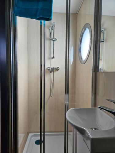 uma casa de banho com um chuveiro e um lavatório. em Mobiles Hausboot El'milia em Braunsbedra