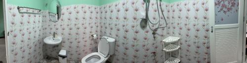 a pink bathroom with a toilet and a sink at ดอยตุง สันติสุขโฮมสเตย์ in Ban Pa Kluai La Hu