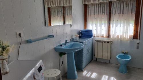 y baño con lavabo azul y aseo. en La casa de Carolina, en Onís