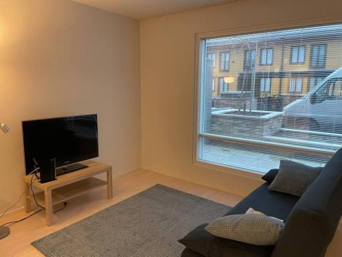 トゥルクにあるModern 1 bedroom apartment with a patioのリビングルーム(ソファ、テレビ、窓付)