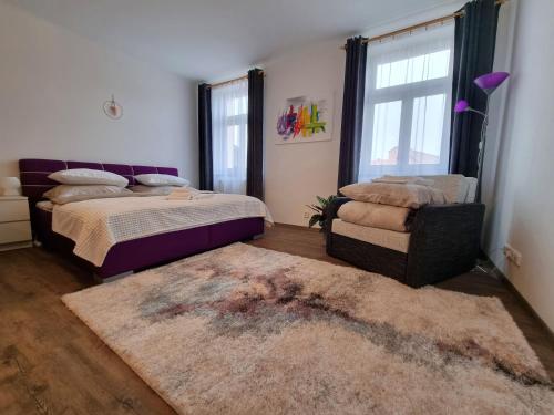 a bedroom with two beds and a rug at Velké studio na Velkém náměstí s vybavenou kuchyní in Hradec Králové