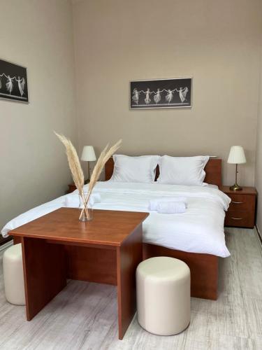 1 dormitorio con 1 cama con mesa y escritorio en Garden Vila en Vrnjačka Banja