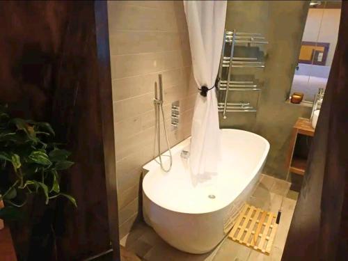 a bath tub with a shower curtain in a bathroom at Room with luxury private bathroom, independent entrance, near Tube in London