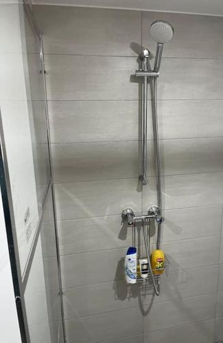 une douche dans une salle de bain avec une porte de douche en verre dans l'établissement Logement neuf à 25mn DisneyLand et Paris Est, à Thorigny-sur-Marne
