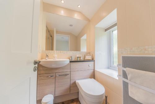 La salle de bains est pourvue de toilettes et d'un lavabo. dans l'établissement Fellside Cottage Coppermines Valley, à Coniston