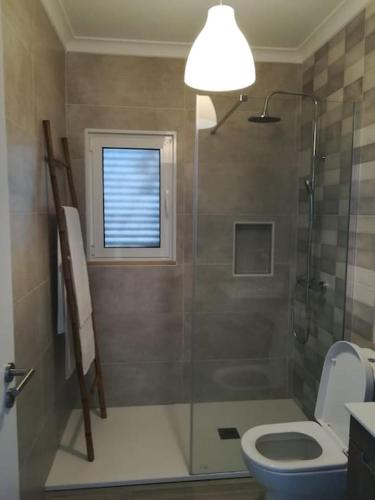ein Badezimmer mit Dusche, Toilette und Fenster in der Unterkunft Casa Sofia in Carvalhal