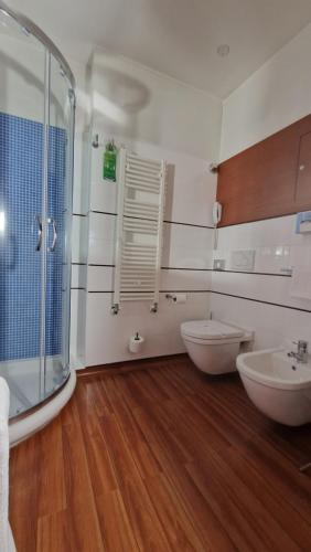 a bathroom with a shower and a toilet and a sink at Bella Italia Palace Hotel in Novara