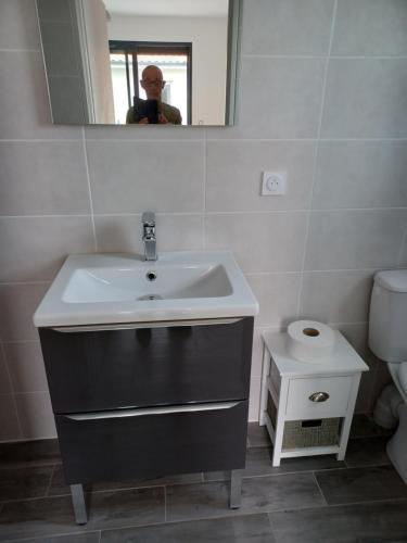 a bathroom with a sink and a mirror and a toilet at Marrocqjp in Magescq