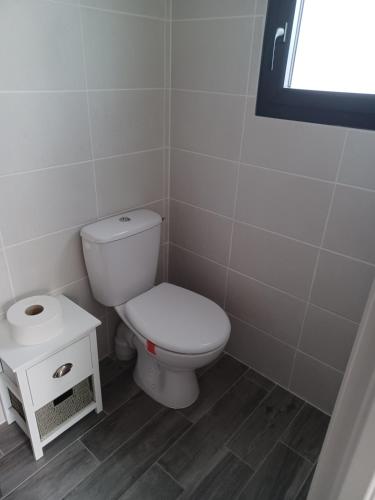 a bathroom with a white toilet and a sink at Marrocqjp in Magescq