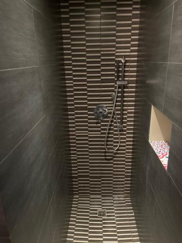 a bathroom with a shower in a black wall at Acquedotto the house in Rome