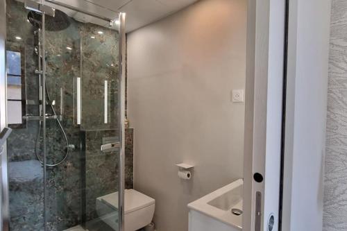 a bathroom with a shower and a toilet and a sink at Parlement - Beau Studio lumineux in Rennes