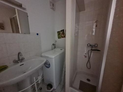 une salle de bain avec toilettes, lavabo et douche dans l'établissement 2 PIECES RUE DES GENETS, à Saint-Jean-de-Monts