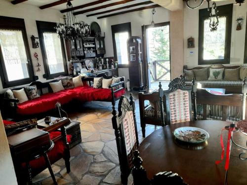 a living room with a couch and a table at Ενοικιαζόμενη Παραδοσιακή κατοικία Σαν Παραμύθι in Volakas