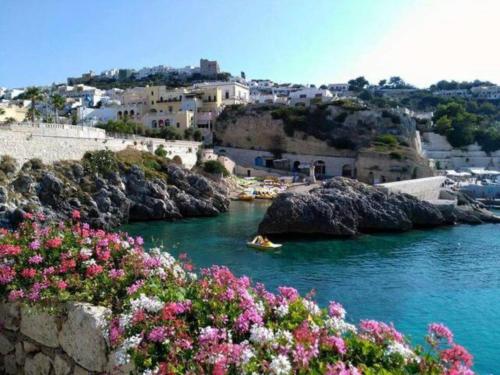 a boat in a river with flowers in the foreground at Casa Leukos Salento - con terrazza privata in Vignacastrisi