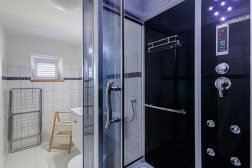 a bathroom with a shower with a glass door at Apartments Maria in Senj