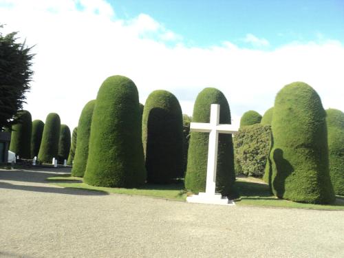 a white cross in the middle of a row of trees at VALYAK rent apart hotel - Servicios Integrales in Punta Arenas