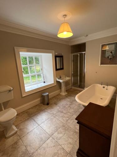 ein Badezimmer mit einer Badewanne, einem WC und einem Waschbecken in der Unterkunft The Coach House Learmount in Derry Londonderry