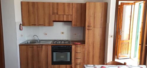 cocina con armarios de madera, fregadero y fogones en Appartamenti Giglio Castello, en Isola del Giglio