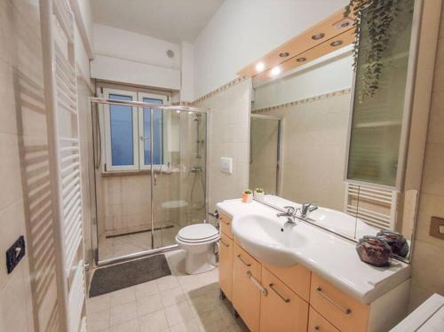 ein Bad mit einem Waschbecken, einer Dusche und einem WC in der Unterkunft Ampio Quadrilocale 8 Pax vista mare in San Benedetto del Tronto