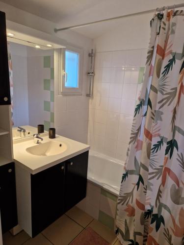 a bathroom with a sink and a shower curtain at Chalet T3 Nature Piscine Tennis in Ondres