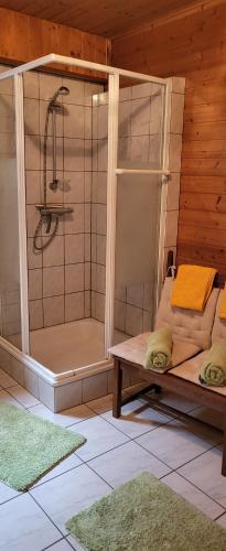 bagno con doccia e panca in camera di Ferienwohnung zum Rheinblick a Kestert