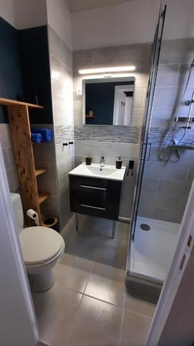 une salle de bain avec toilettes, lavabo et douche dans l'établissement Les éstivales Cap d'agde, au Cap d'Agde