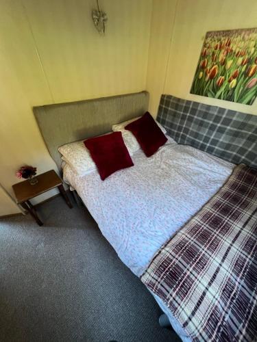 a bedroom with a bed with two red pillows on it at Ramshaw view static caravan in Leek