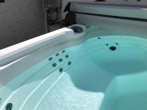 a white bath tub filled with a blue liquid at Entire 3 Bedroom Home with Golf Putting & hot spa in Los Angeles