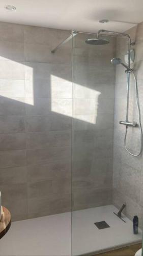 une douche avec une porte vitrée dans une salle de bain dans l'établissement Appartement Bordeaux Centre - Grand Théâtre, à Bordeaux