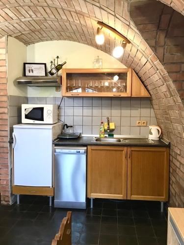 a kitchen with a white refrigerator and a sink at Sklep u Dušana in Vracov