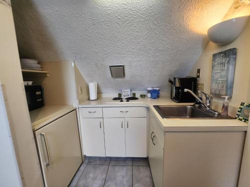 uma pequena cozinha com um lavatório e uma bancada em North Shore Inn TC 400 em Traverse City