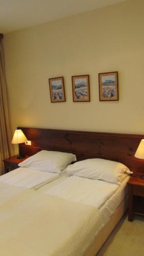 a bedroom with a large white bed with three pictures on the wall at Bansko St Ivan Rilski Luxury Apartment 4 stars Free SPA & Mineral water in Bansko