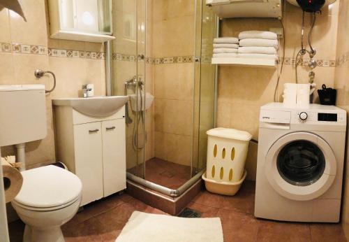 a bathroom with a toilet a sink and a washing machine at Mario Apartment in Budva