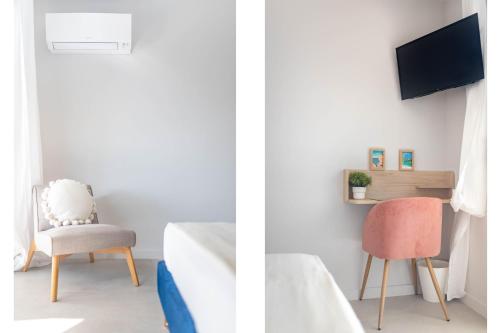 dwa widoki na sypialnię z telewizorem i krzesłem w obiekcie CASA LC chambre1 vue Mer Jacuzzi w Ajaccio