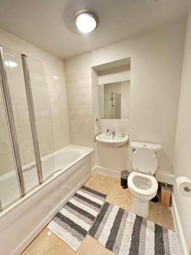 a bathroom with a toilet and a tub and a sink at Clarendon Flat in Watford
