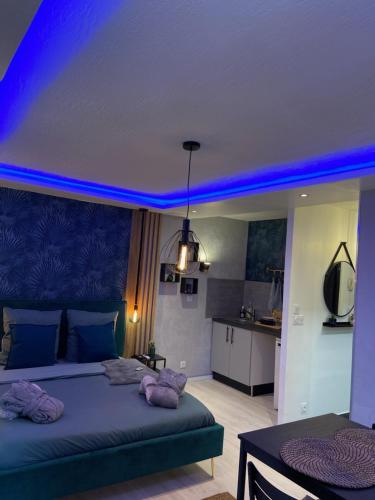 - une chambre dotée d'un plafond bleu avec un lit et une table dans l'établissement Appartement La Splenzia SPA Jacuzzi wifi clim, à Avignon
