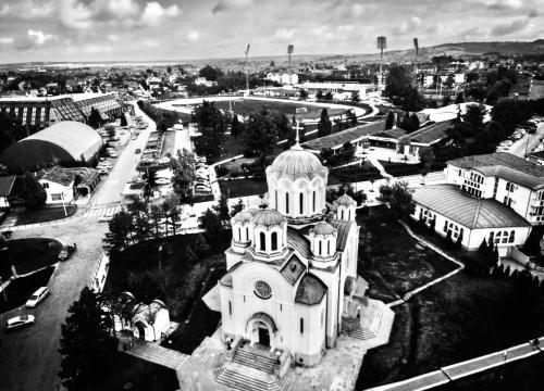 an old black and white photo of a building at Stan11550 Centar in Lazarevac