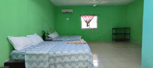 een slaapkamer met een bed in een groene muur bij Villas del Carmen Hostal in Palenque