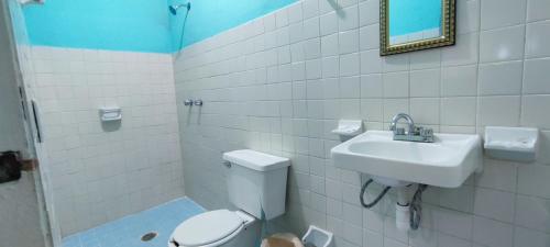 a bathroom with a toilet and a sink at Villas del Carmen Hostal in Palenque