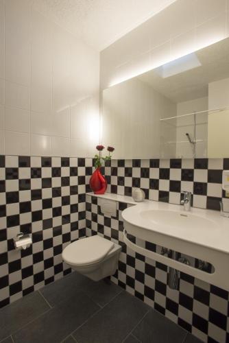 a bathroom with a toilet and a sink and a mirror at Hotel Vezia in Lugano