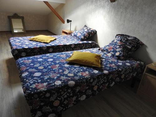 1 dormitorio con 2 camas y sofá con almohadas en Gite de La Pierre Verte, en Saint-Lattier