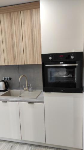 eine Küche mit Mikrowelle und Spüle in der Unterkunft Apartamenty Klangor in Mrągowo