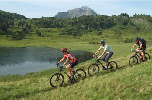 3 personnes à vélo sur une colline près d'un lac dans l'établissement Ferienhaus Schindeler, à Mellau