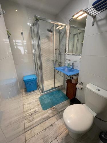 een badkamer met een douche, een toilet en een wastafel bij PALMERAS 102 in Las Palmas de Gran Canaria