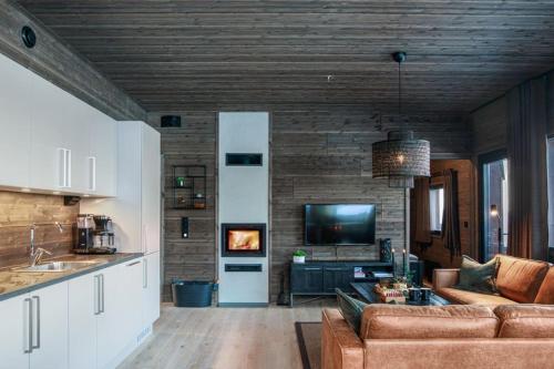 ein Wohnzimmer mit einem Sofa und einem TV in der Unterkunft New ap The Nest in Hafjell ski in out and fast Wifi in Øyer