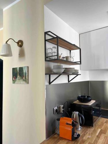 une cuisine avec une étagère sur le mur dans l'établissement Studio terracotta, à La Ciotat