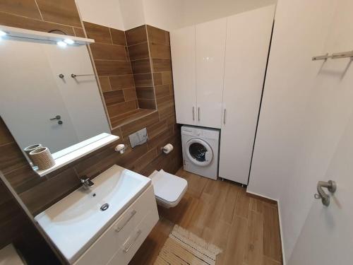 een badkamer met een wastafel en een wasmachine bij New Luxury Flat Near City Center in Timişoara