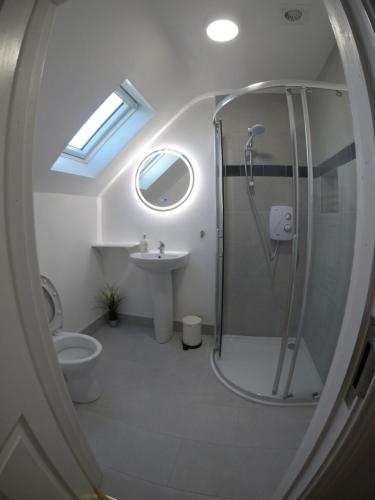 La salle de bains est pourvue d'une douche, de toilettes et d'un lavabo. dans l'établissement Seagull Cottage B&B, à Portmagee