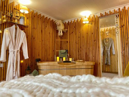 una camera da letto con spogliatoio, letto e specchio di Gîte Les logis du Pech a Narbonne